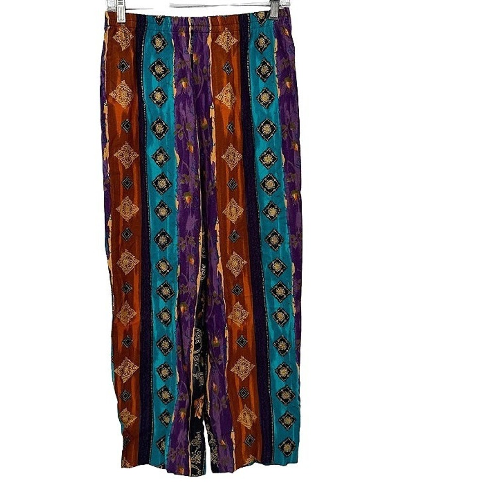 VTG Pants Geometric Floral Striped Rayon Linen Blend Bold Boho Harem Sz 10* (S)